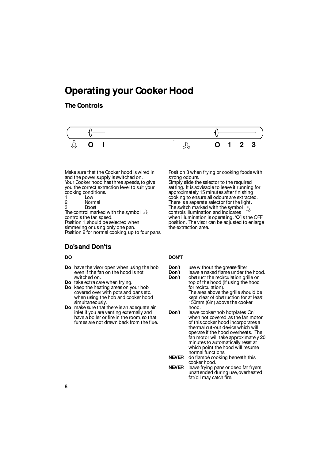 Creda CRV10 manual Operating your Cooker Hood, The Controls, Do’s and Don’ts, Don’T, Never 