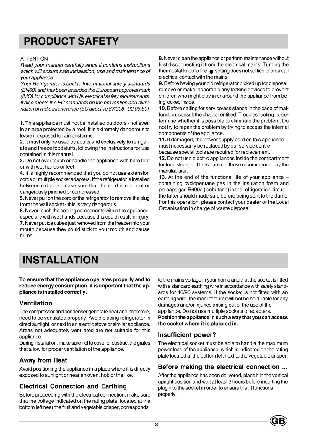 Creda CUL16G manual Product Safety, Installation 