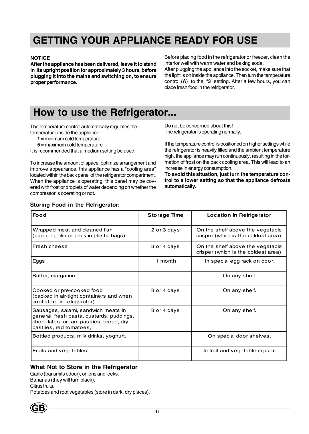 Creda CUL16G Getting Your Appliance Ready for USE, What Not to Store in the Refrigerator, Storing Food in the Refrigerator 