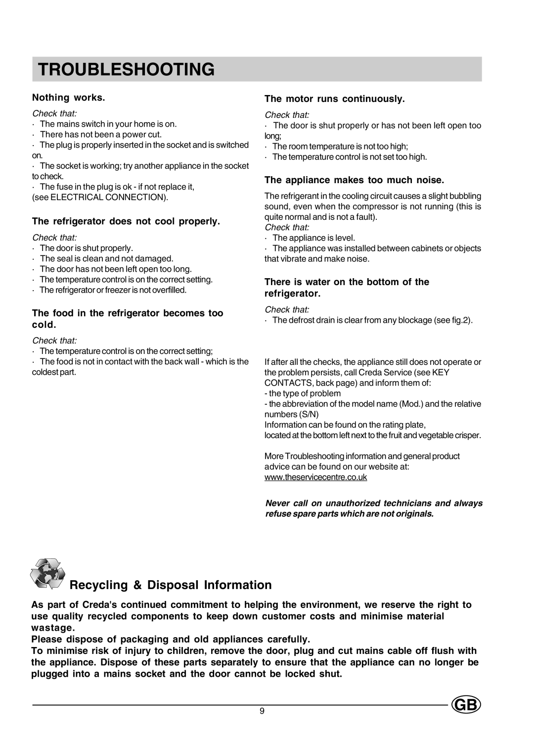Creda CUL16G manual Troubleshooting 