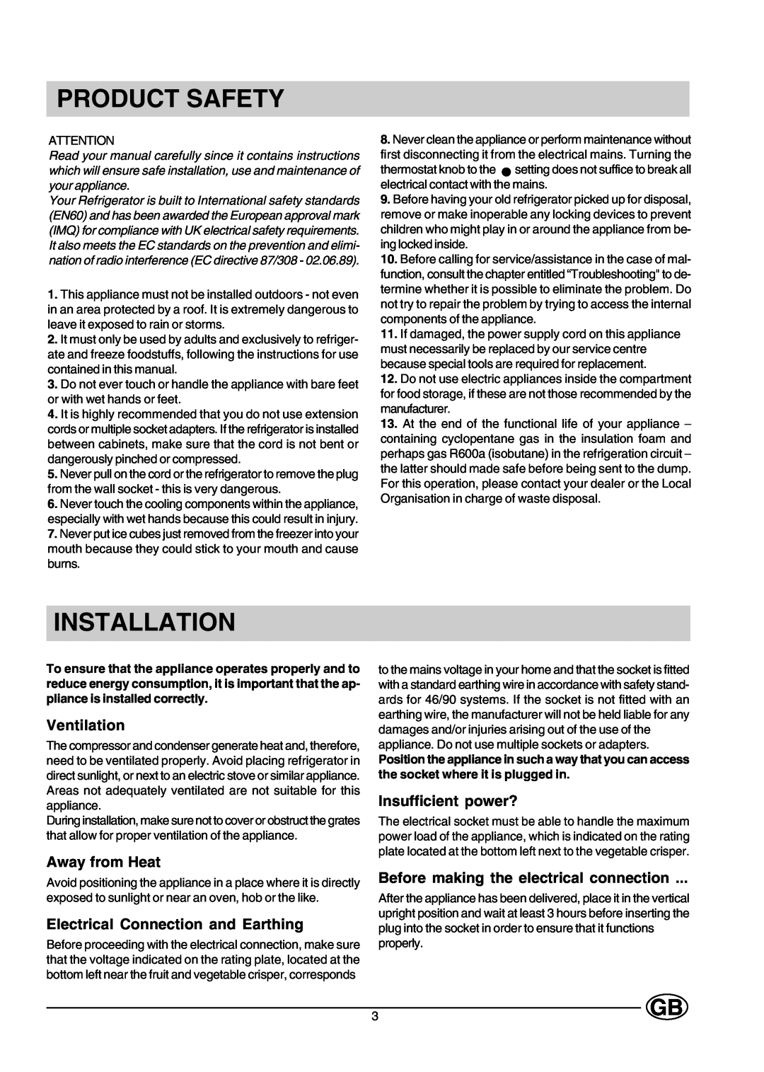 Creda CUL16G manual Product Safety, Installation, Ventilation, Away from Heat, Electrical Connection and Earthing 