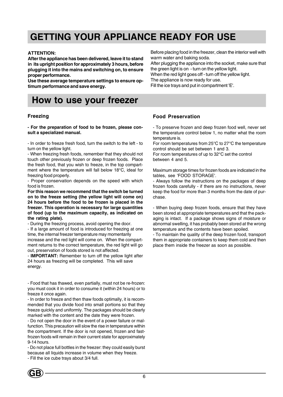 Creda CUZ12G manual Getting Your Appliance Ready for USE, Freezing, Food Preservation 