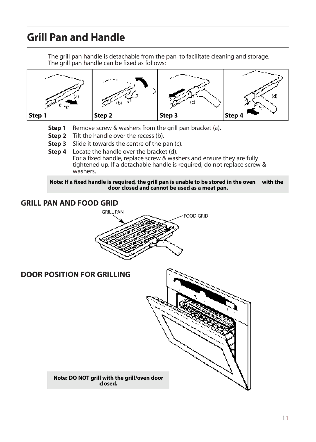 Creda D010E manual Grill Pan and Handle, Grill PAN and Food Grid, Door Position for Grilling 