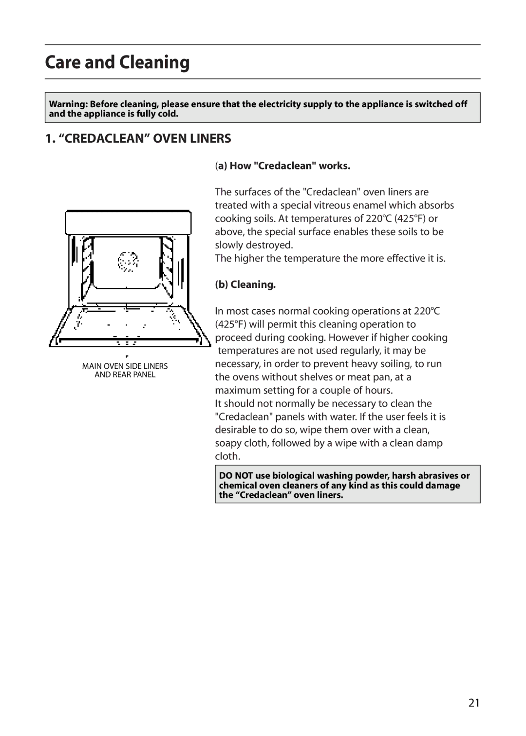 Creda D010E manual Care and Cleaning, Credaclean Oven Liners, How Credaclean works 