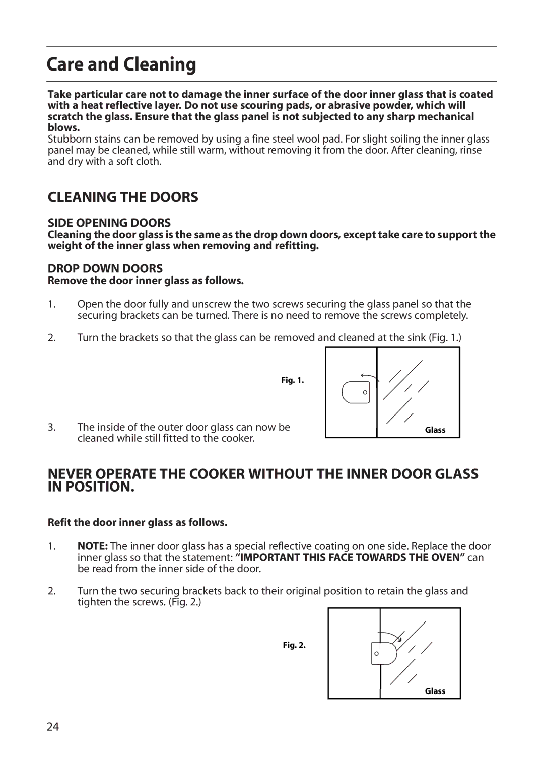 Creda D010E manual Remove the door inner glass as follows, Refit the door inner glass as follows 