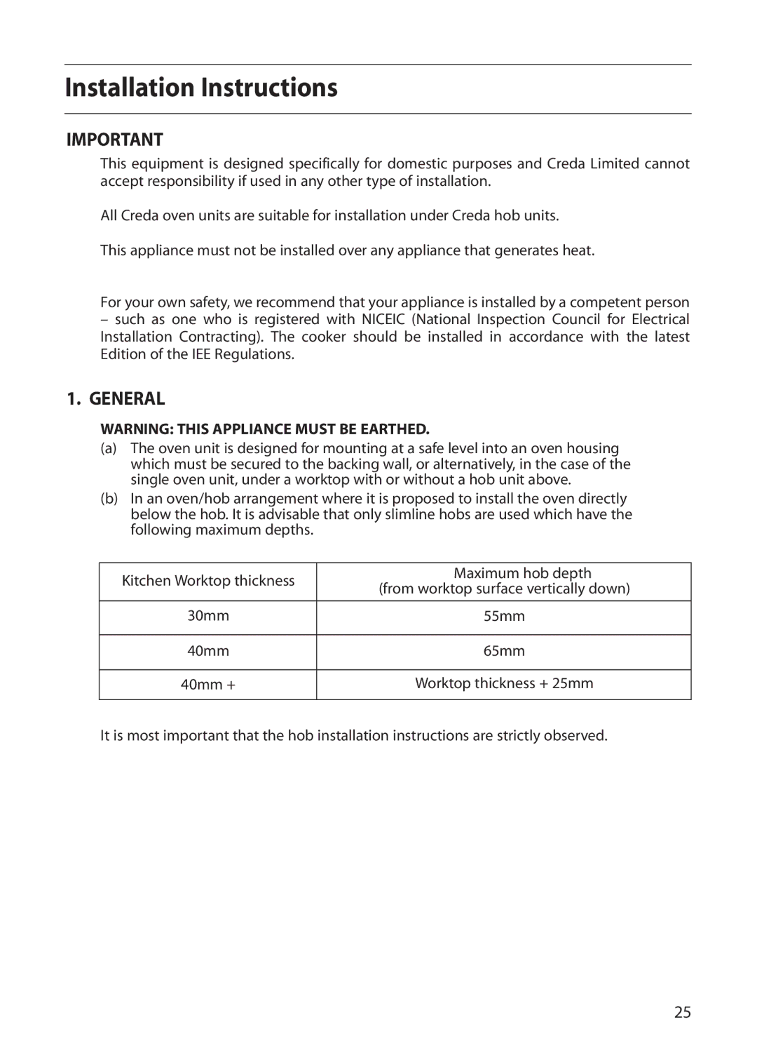 Creda D010E manual Installation Instructions, General 