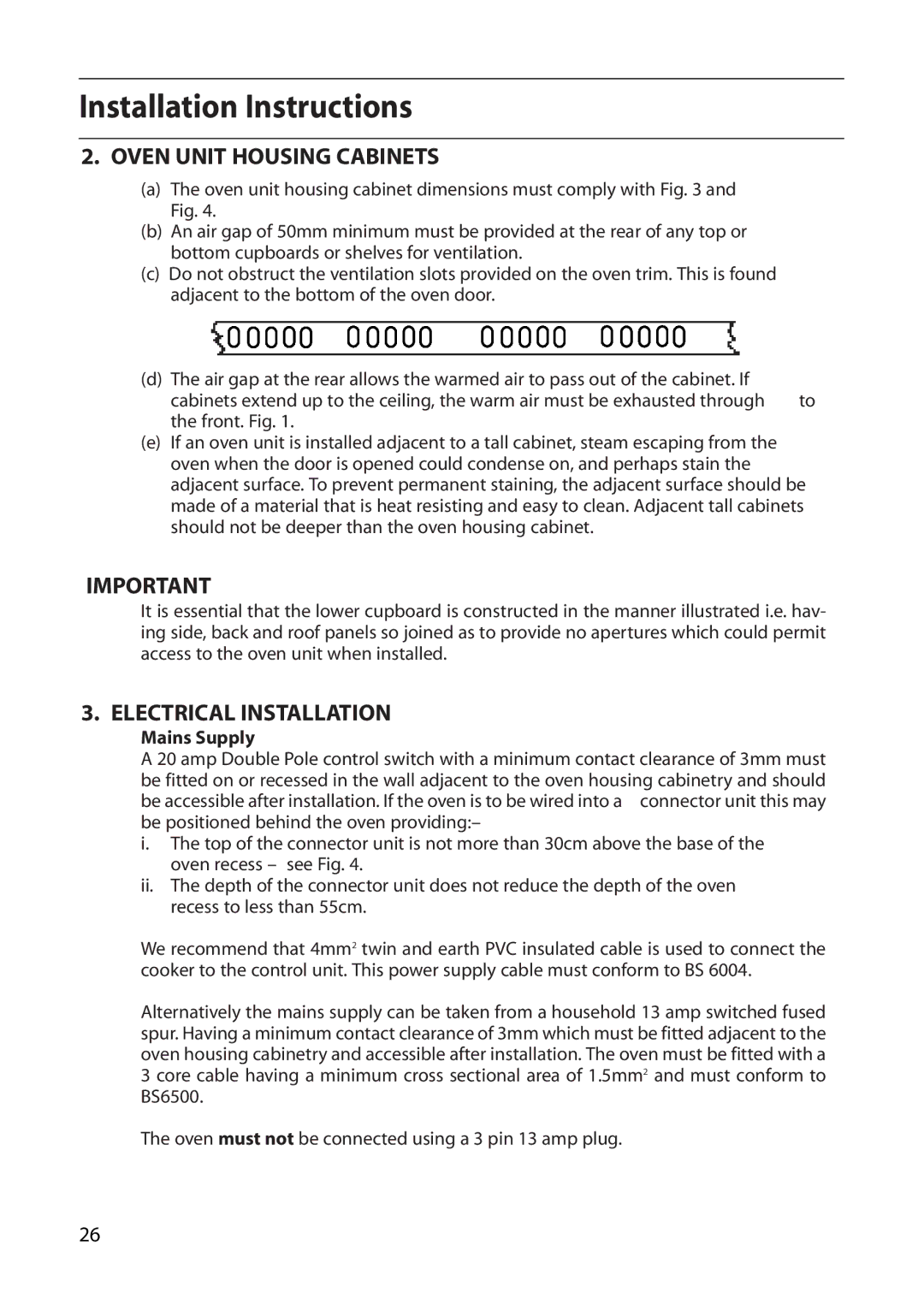 Creda D010E manual Oven Unit Housing Cabinets, Electrical Installation, Mains Supply 