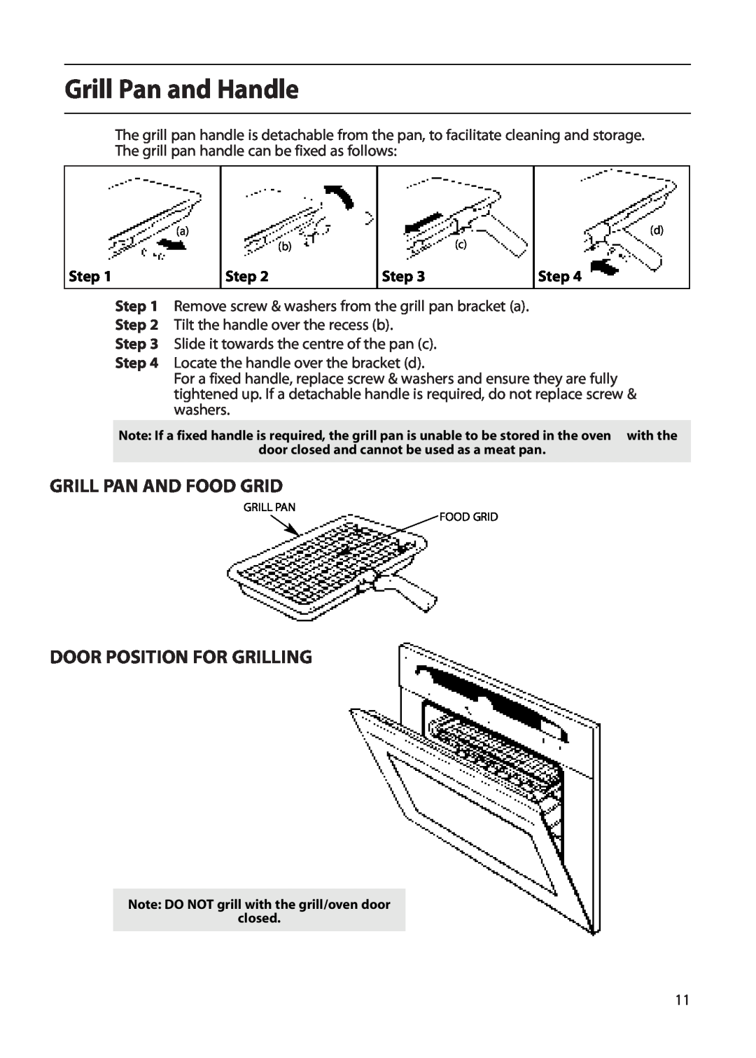 Creda D010E manual Grill Pan and Handle, Grill Pan And Food Grid, Door Position For Grilling, Step 