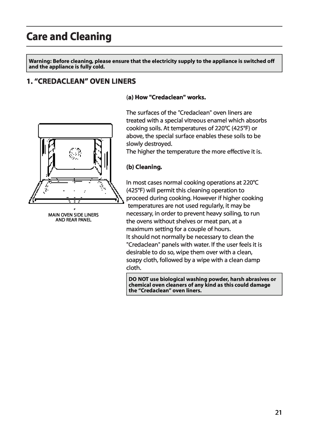 Creda D010E manual Care and Cleaning, 1. “CREDACLEAN” OVEN LINERS, a How Credaclean works, b Cleaning 