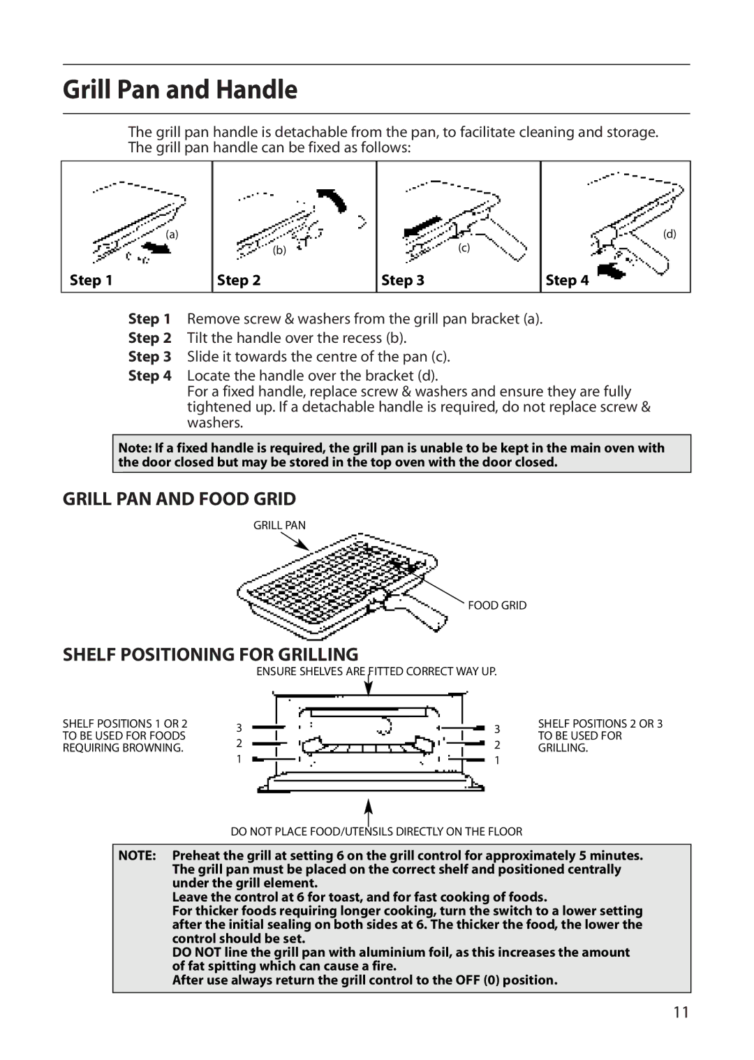 Creda D130E manual Grill Pan and Handle, Grill PAN and Food Grid, Shelf Positioning for Grilling 