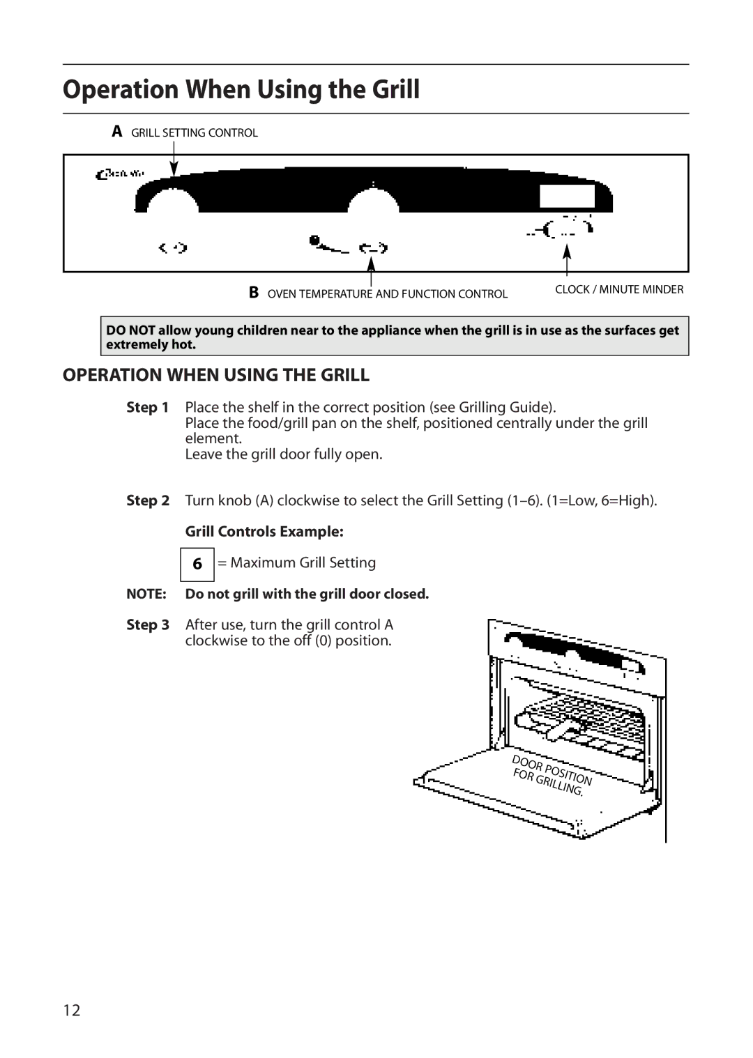 Creda D130E manual Operation When Using the Grill, Grill Controls Example, = Maximum Grill Setting 