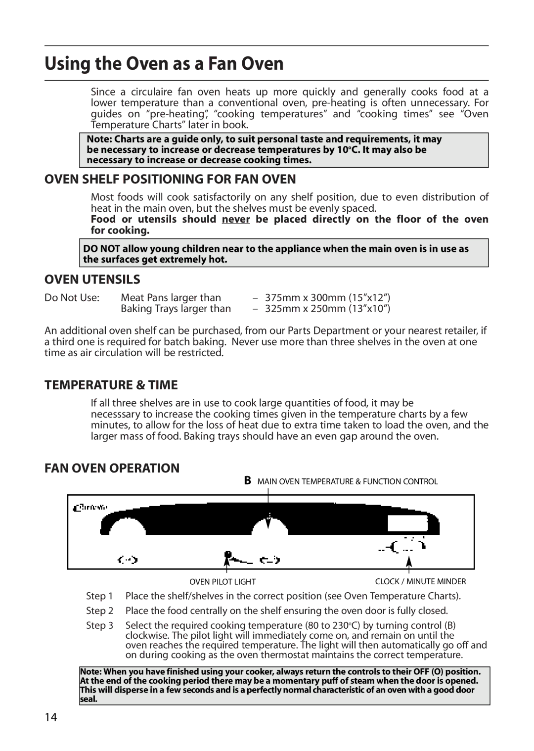Creda D130E manual Using the Oven as a Fan Oven, Oven Shelf Positioning for FAN Oven, Oven Utensils, Temperature & Time 