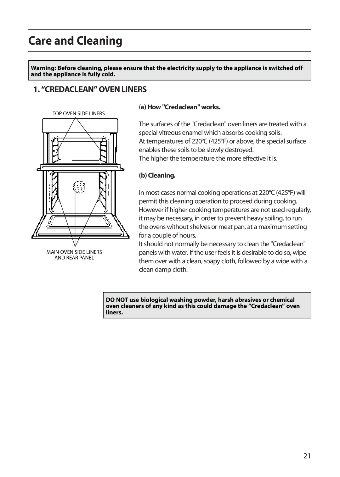 Creda D130E manual Care and Cleaning, Credaclean Oven Liners, How Credaclean works 