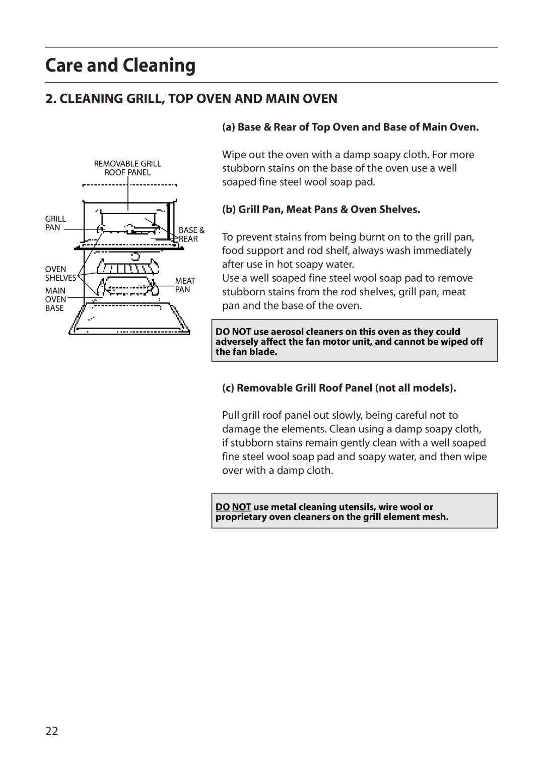 Creda D130E manual Cleaning GRILL, TOP Oven and Main Oven, Base & Rear of Top Oven and Base of Main Oven 