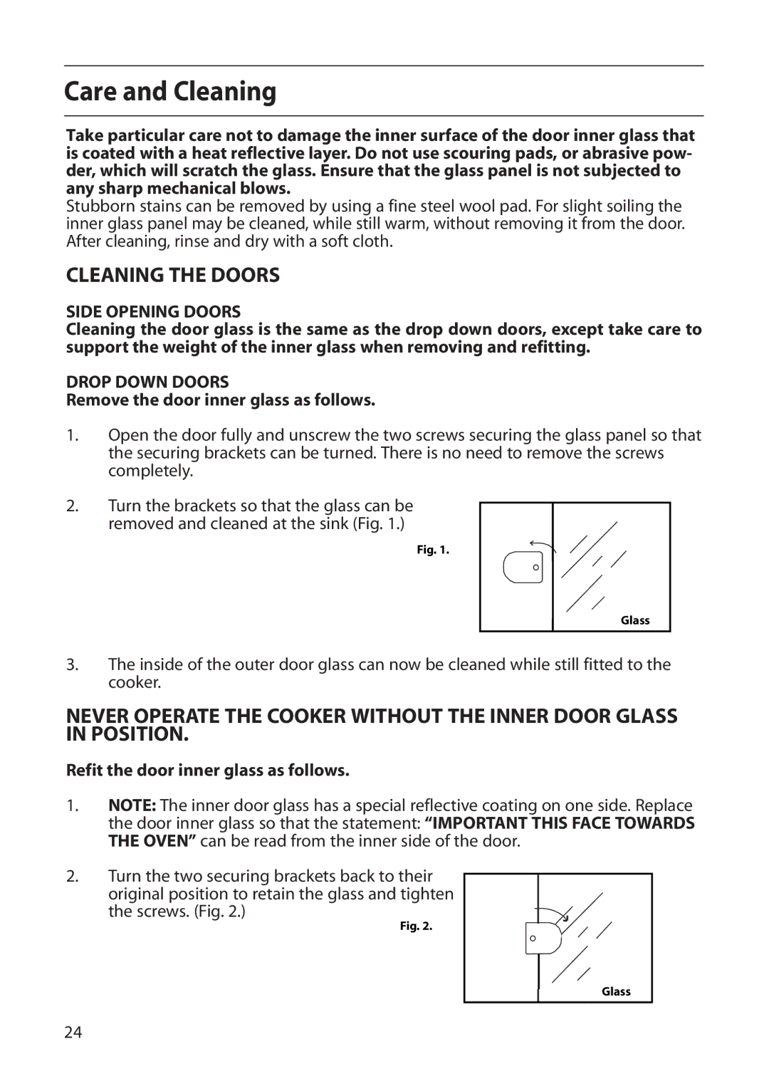 Creda D130E manual Remove the door inner glass as follows, Refit the door inner glass as follows 