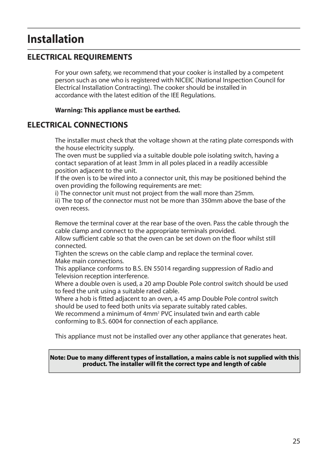 Creda D130E manual Installation, Electrical Requirements, Electrical Connections 