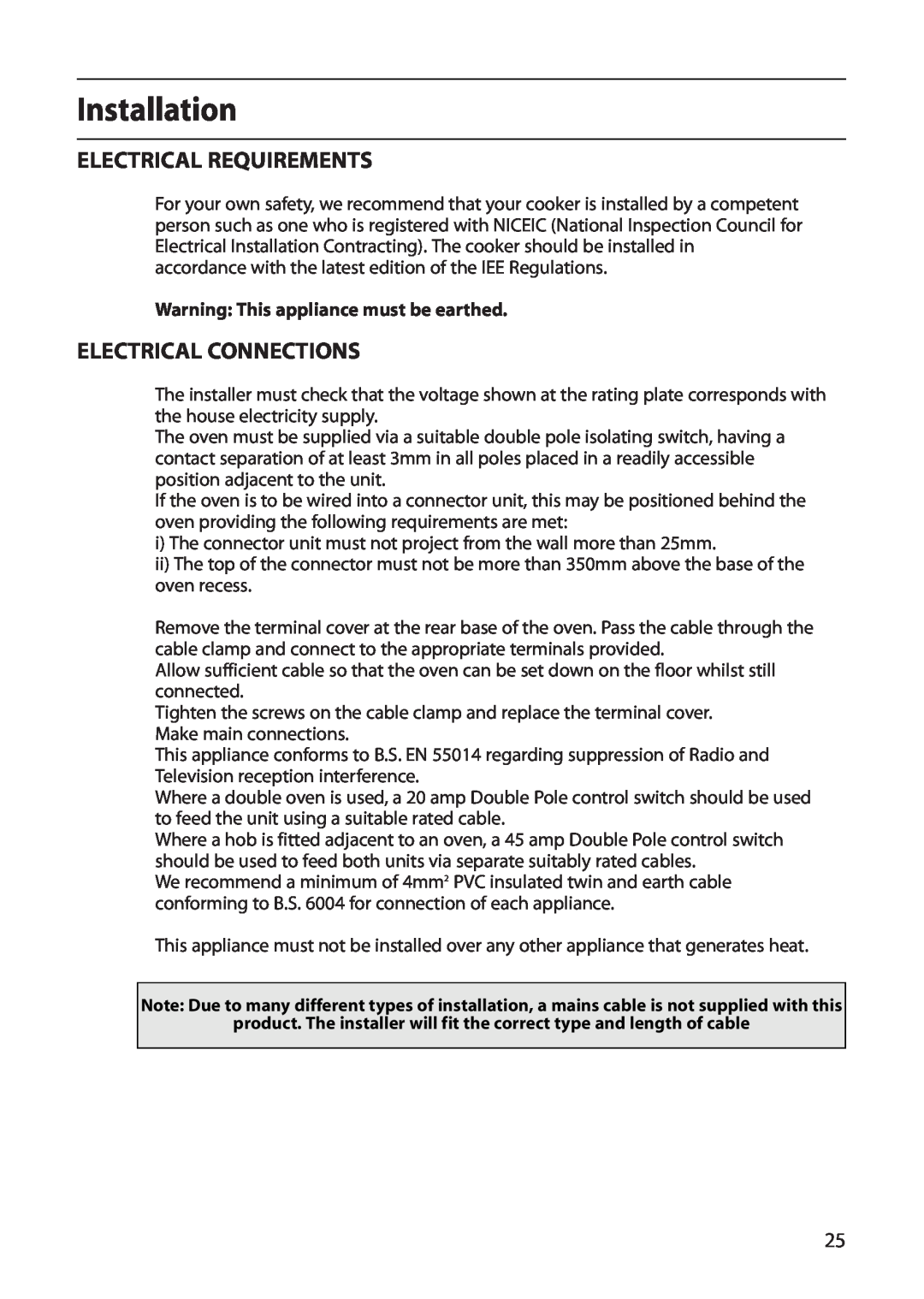 Creda D130E manual Installation, Electrical Requirements, Electrical Connections, Warning This appliance must be earthed 