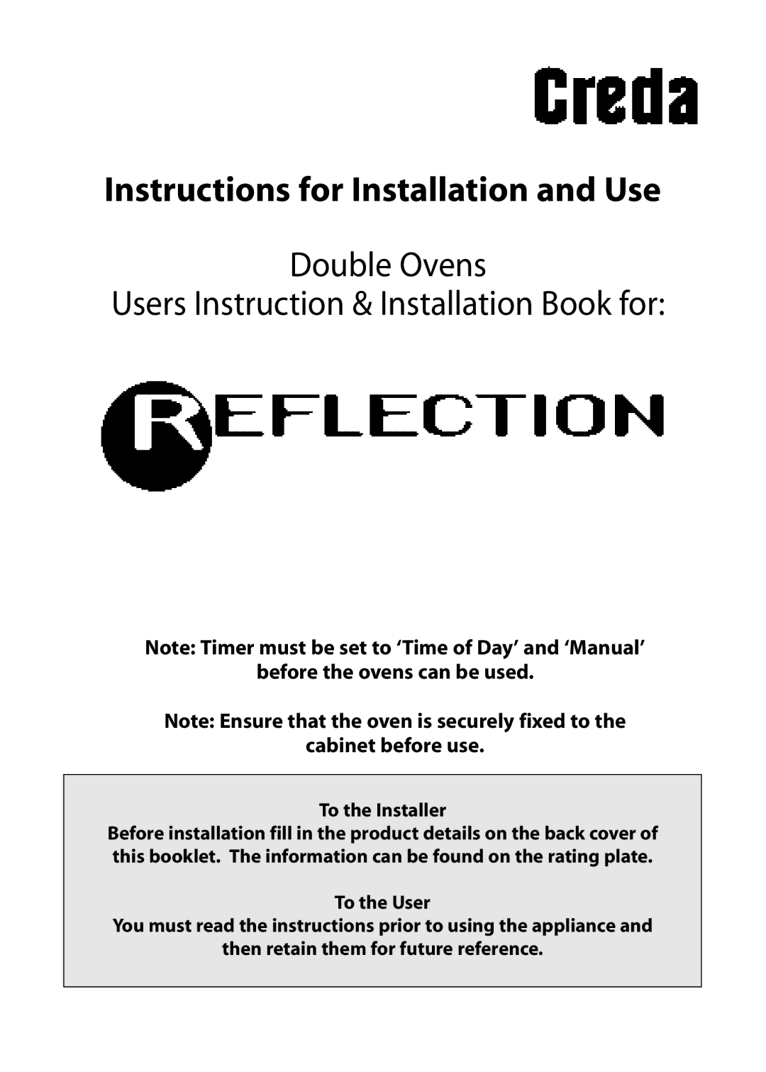 Creda Double Oven manual Instructions for Installation and Use 