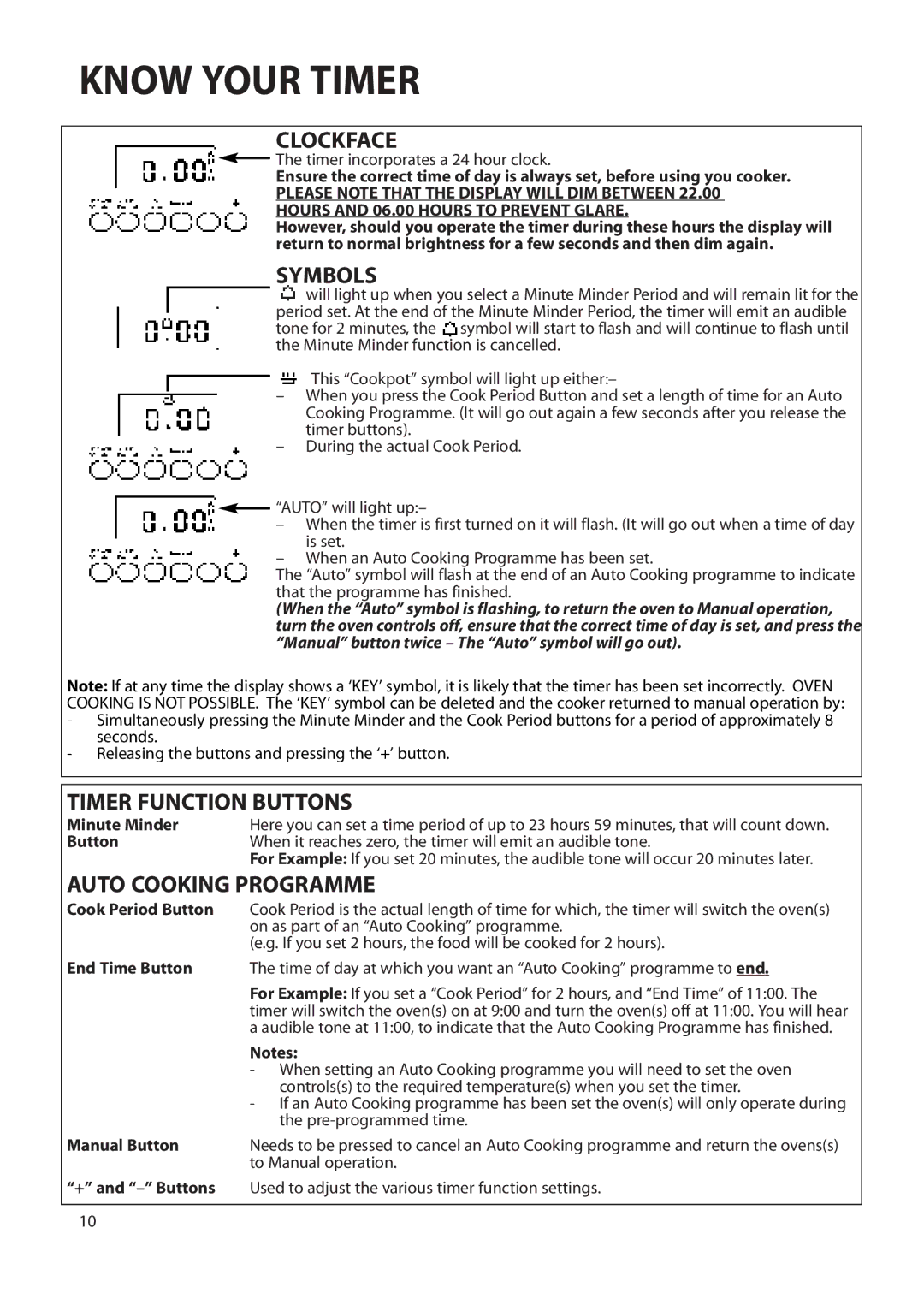 Creda Double Oven manual Know Your Timer, Clockface, Symbols, Timer Function Buttons, Auto Cooking Programme 