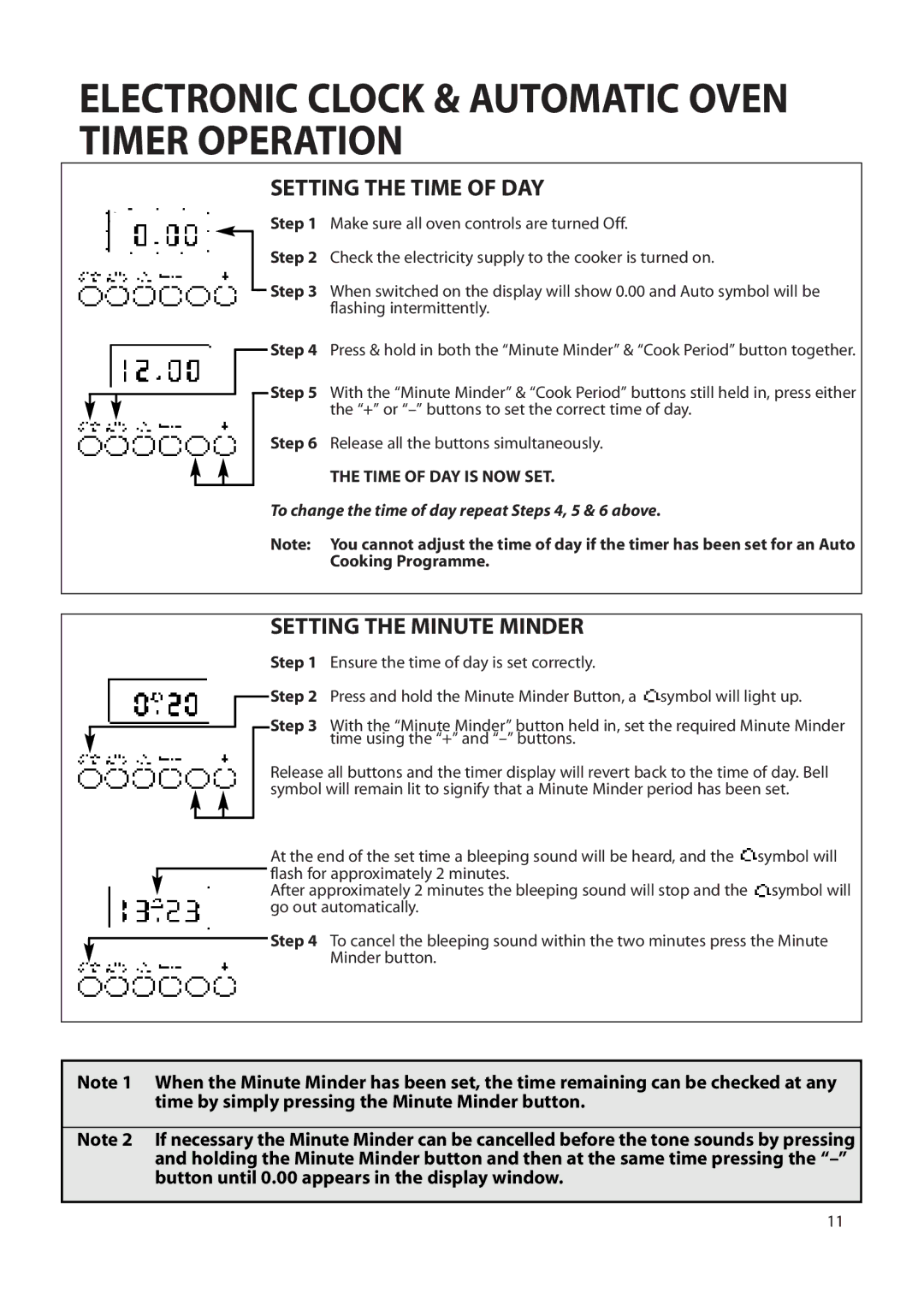 Creda Double Oven manual Setting the Time of DAY, Setting the Minute Minder 