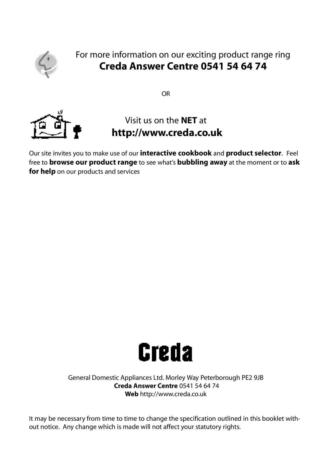 Creda Double Oven manual Creda Answer Centre 0541 54 64 