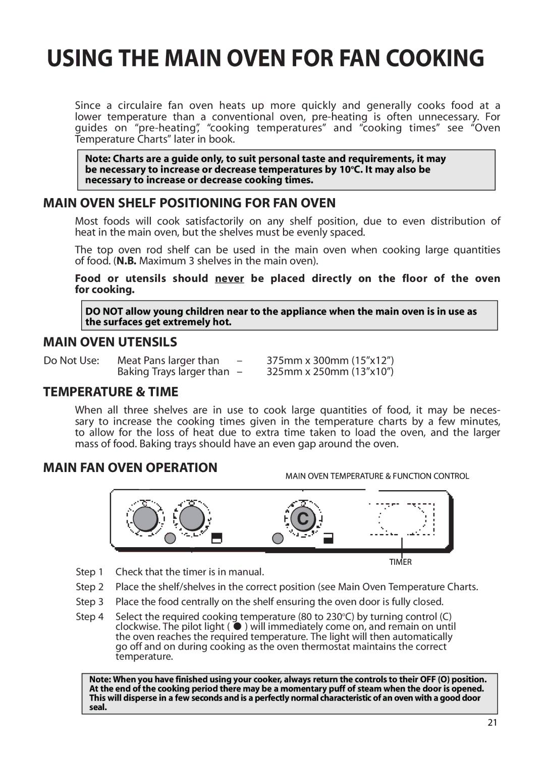 Creda Double Oven manual Main Oven Shelf Positioning for FAN Oven, Main Oven Utensils, Temperature & Time 