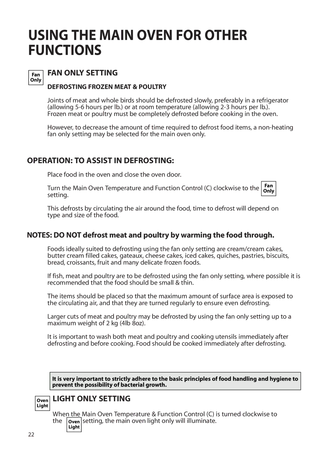 Creda Double Oven manual Using the Main Oven for Other Functions, FAN only Setting, Operation to Assist in Defrosting 