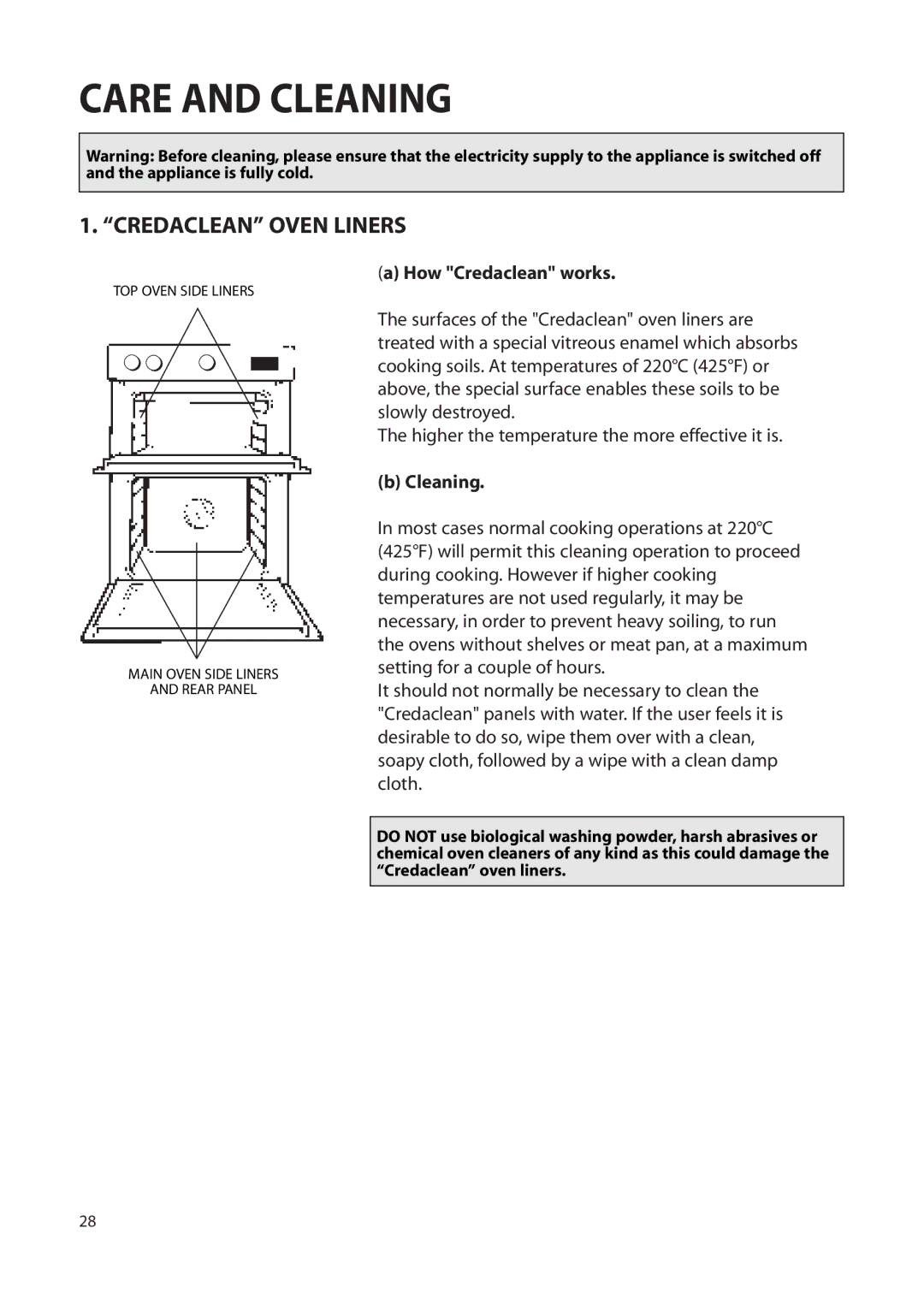 Creda Double Oven manual Care and Cleaning, Credaclean Oven Liners, How Credaclean works 