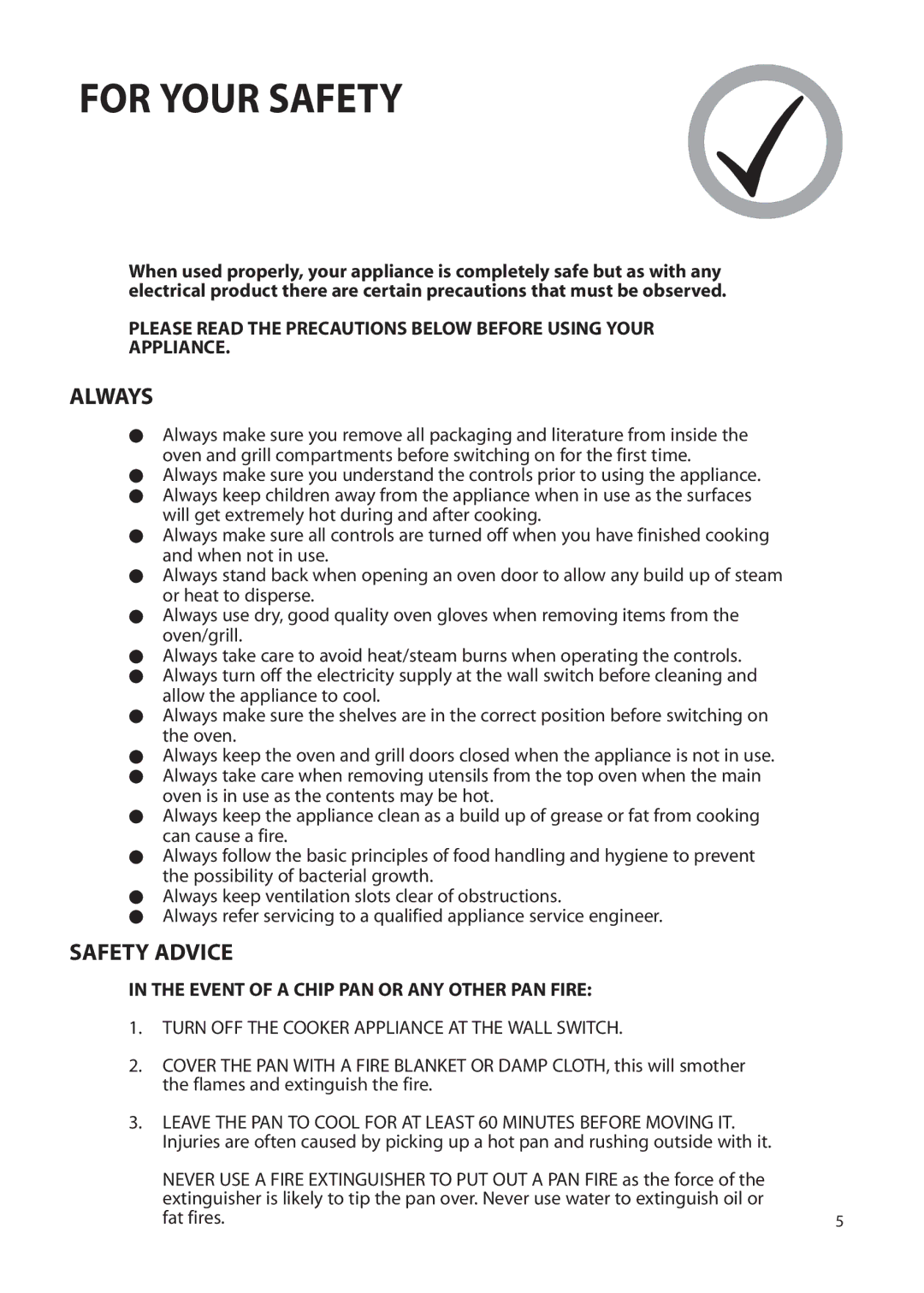 Creda Double Oven manual For Your Safety, Always, Safety Advice 