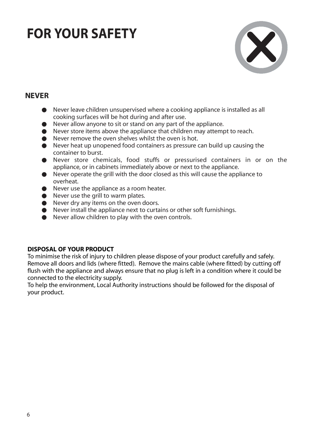 Creda Double Oven manual Never, Disposal of Your Product 