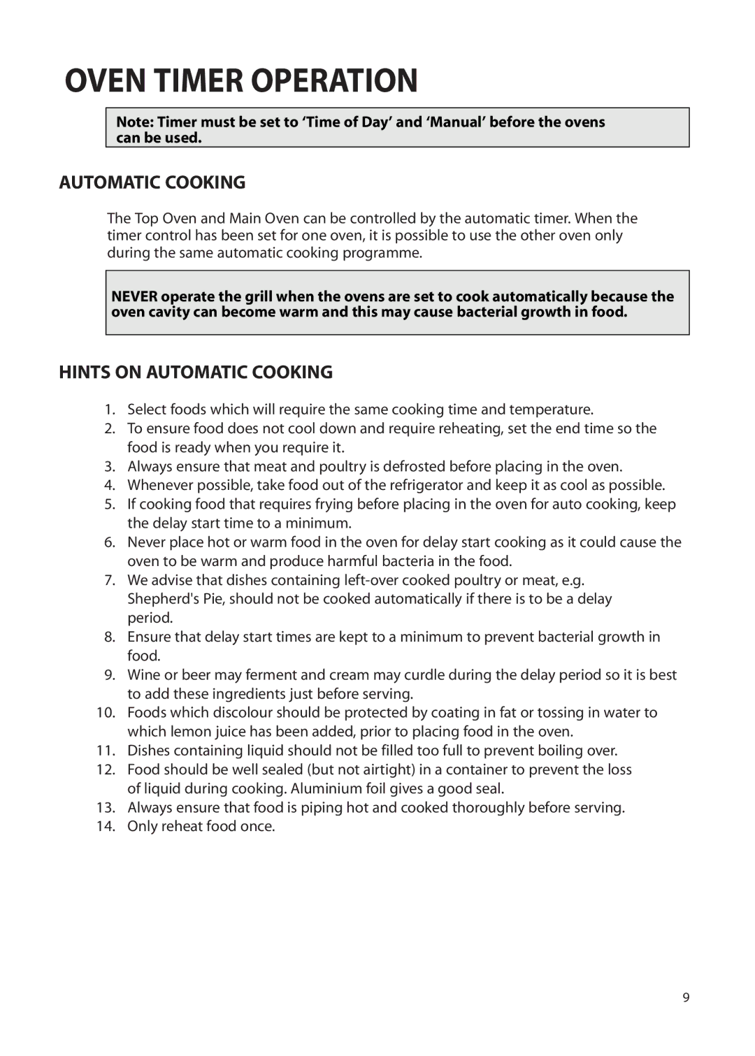 Creda Double Oven manual Oven Timer Operation, Hints on Automatic Cooking 