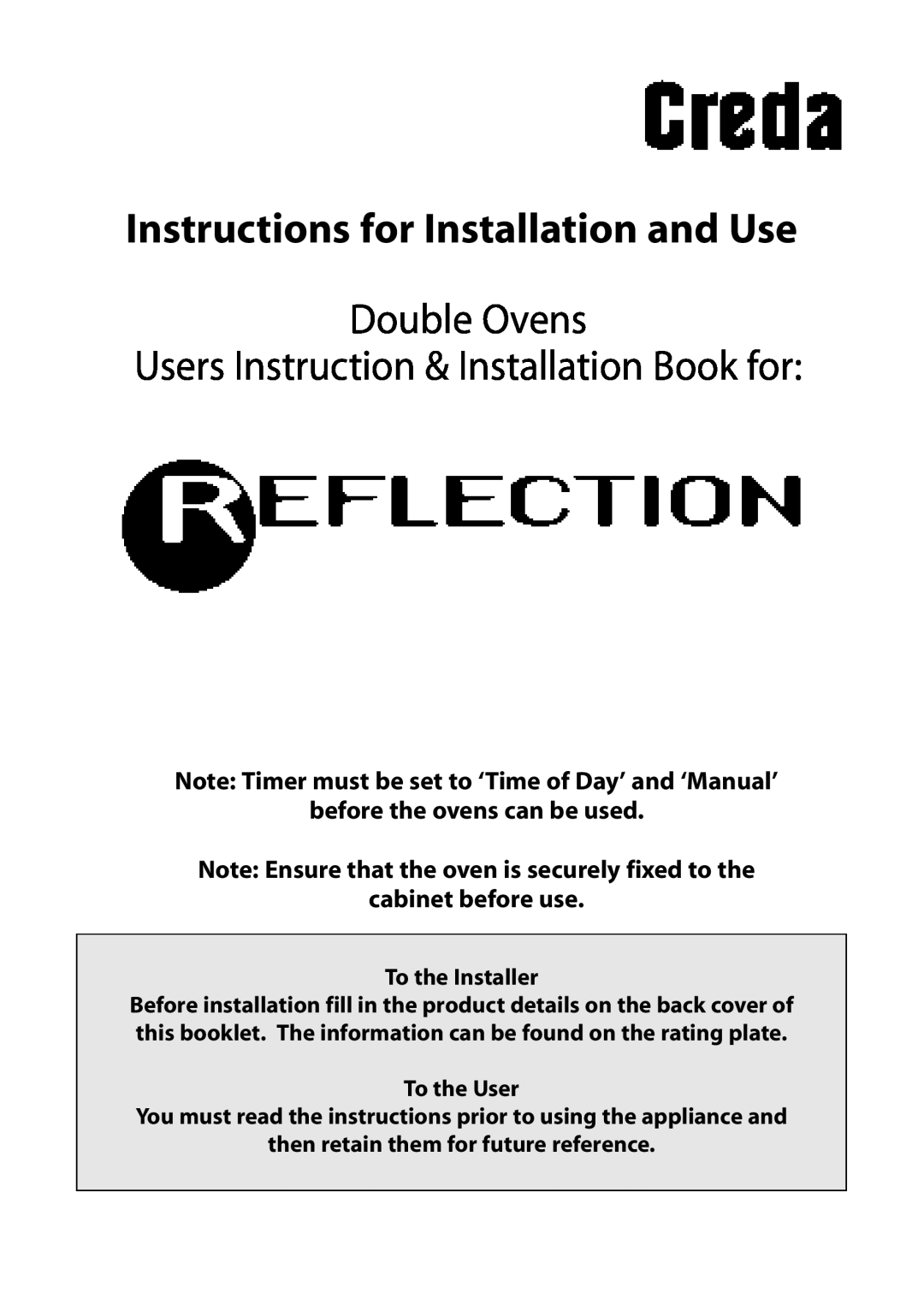 Creda manual Instructions for Installation and Use, Double Ovens, Users Instruction & Installation Book for 