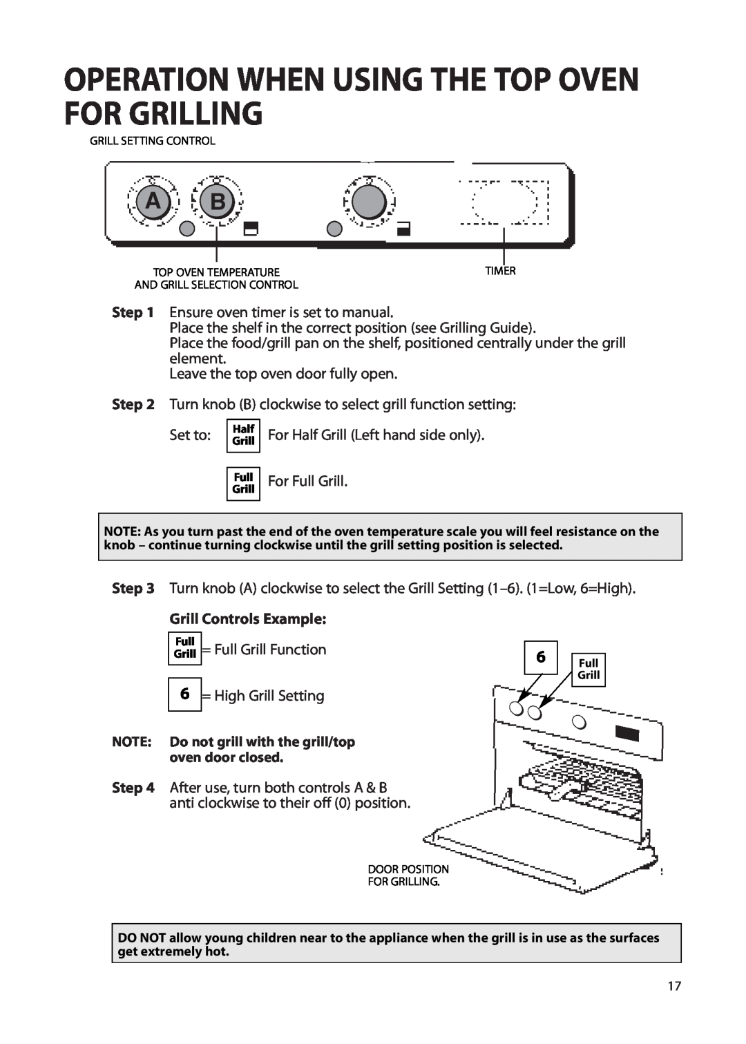 Creda Double Oven manual Operation When Using The Top Oven For Grilling, Grill Controls Example 