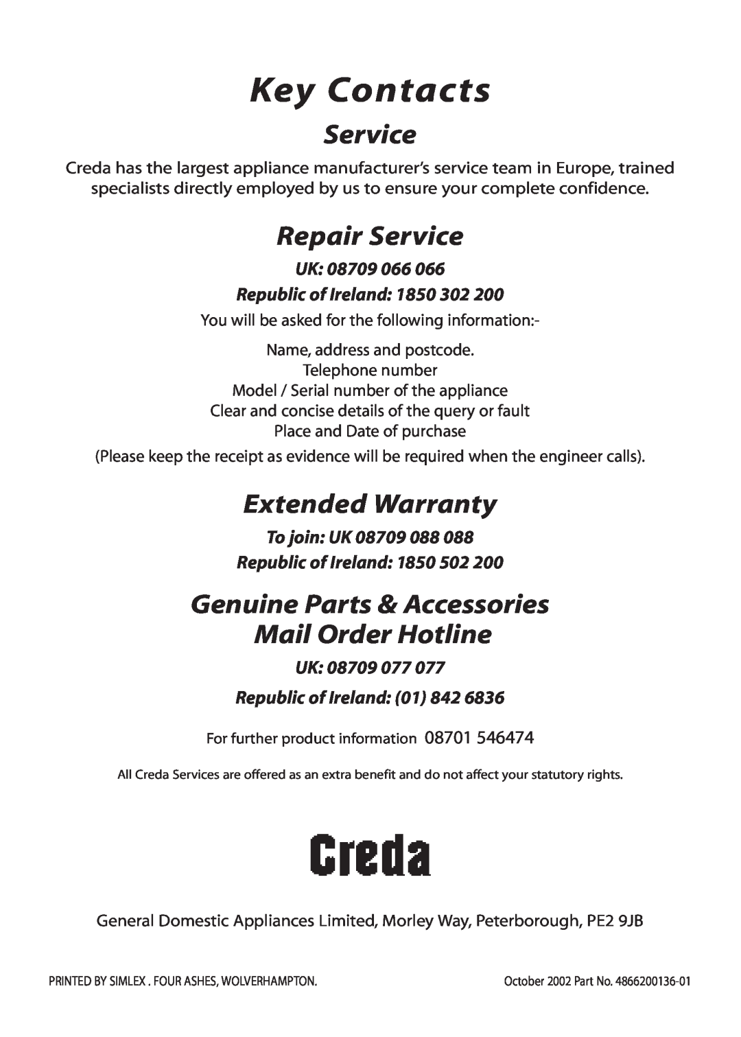 Creda Double Oven Key Contacts, Repair Service, Extended Warranty, Genuine Parts & Accessories Mail Order Hotline 