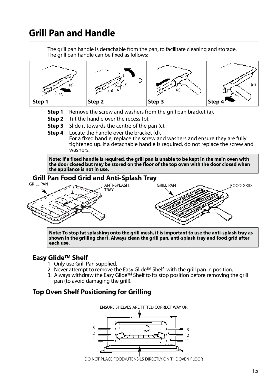 Creda E530E/R530E manual Grill Pan and Handle, Grill Pan Food Grid and Anti-Splash Tray, Easy Glide Shelf, Step 