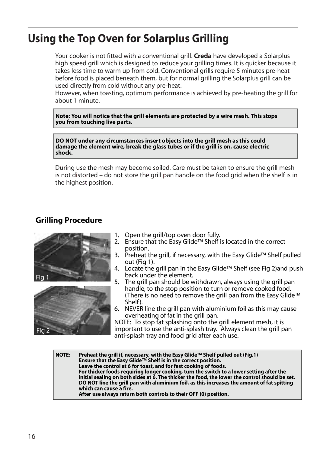 Creda E530E/R530E manual Using the Top Oven for Solarplus Grilling, Grilling Procedure 