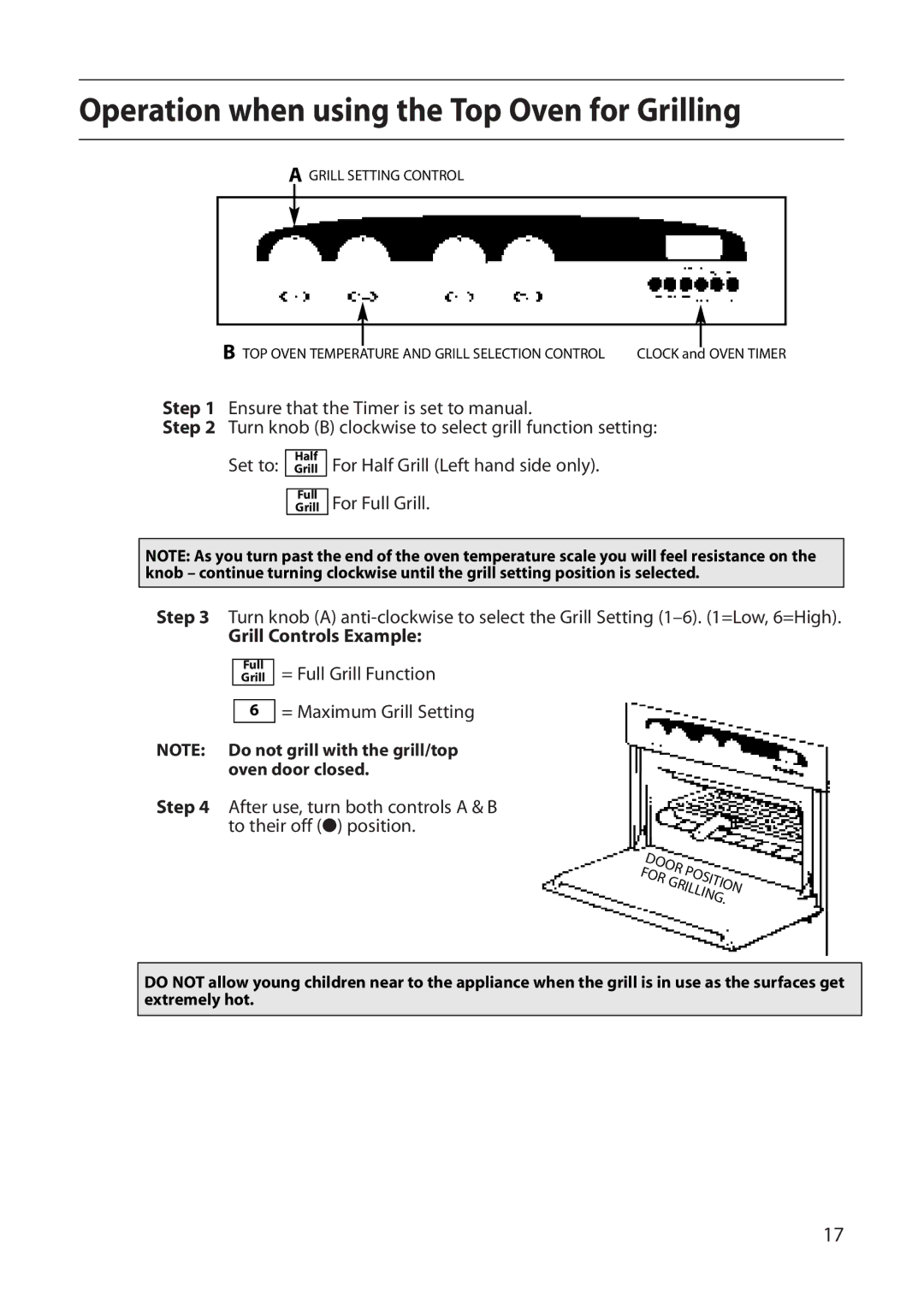 Creda E530E/R530E manual Operation when using the Top Oven for Grilling, Grill Controls Example 