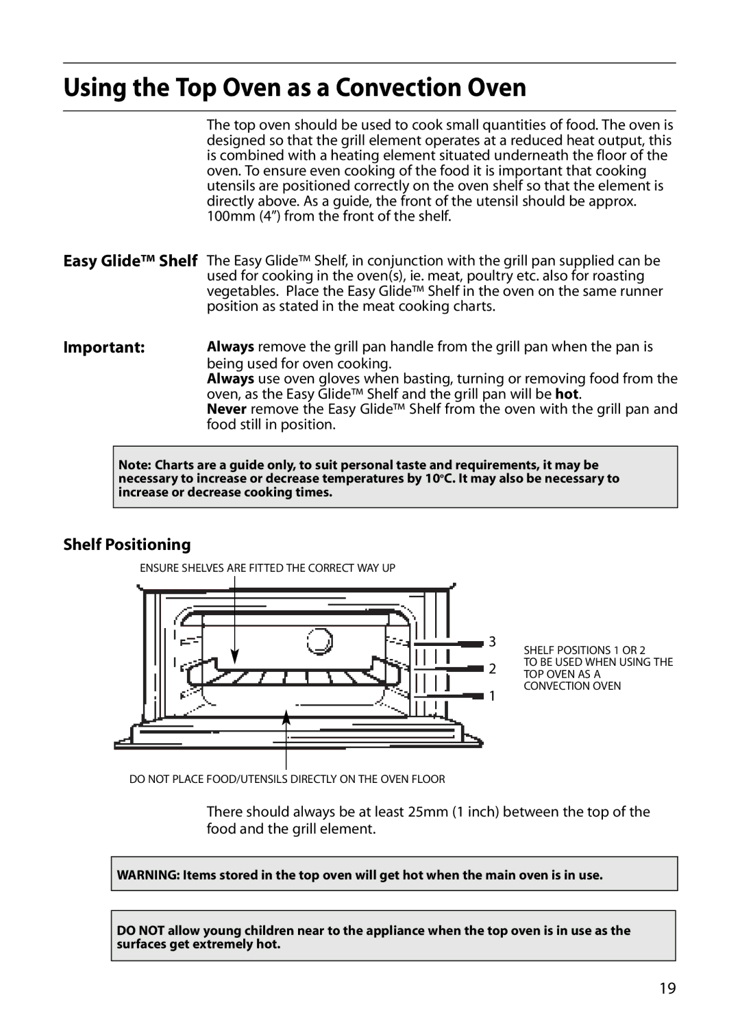 Creda E530E/R530E manual Using the Top Oven as a Convection Oven, Shelf Positioning 