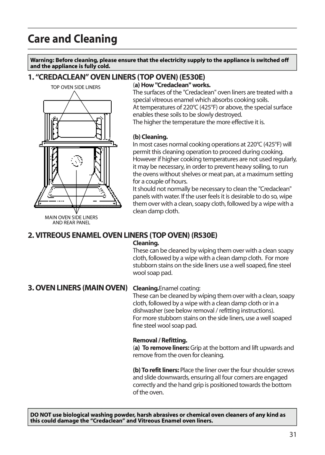 Creda E530E/R530E Care and Cleaning, Credaclean Oven Liners TOP Oven E530E, Vitreous Enamel Oven Liners TOP Oven R530E 