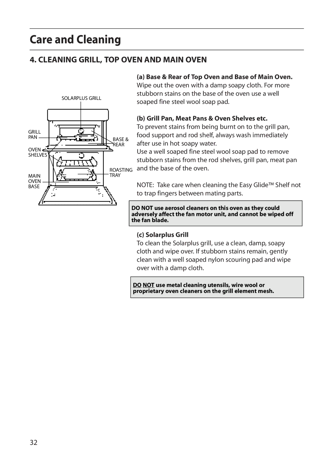 Creda E530E/R530E manual Cleaning GRILL, TOP Oven and Main Oven, Rear after use in hot soapy water, Solarplus Grill 
