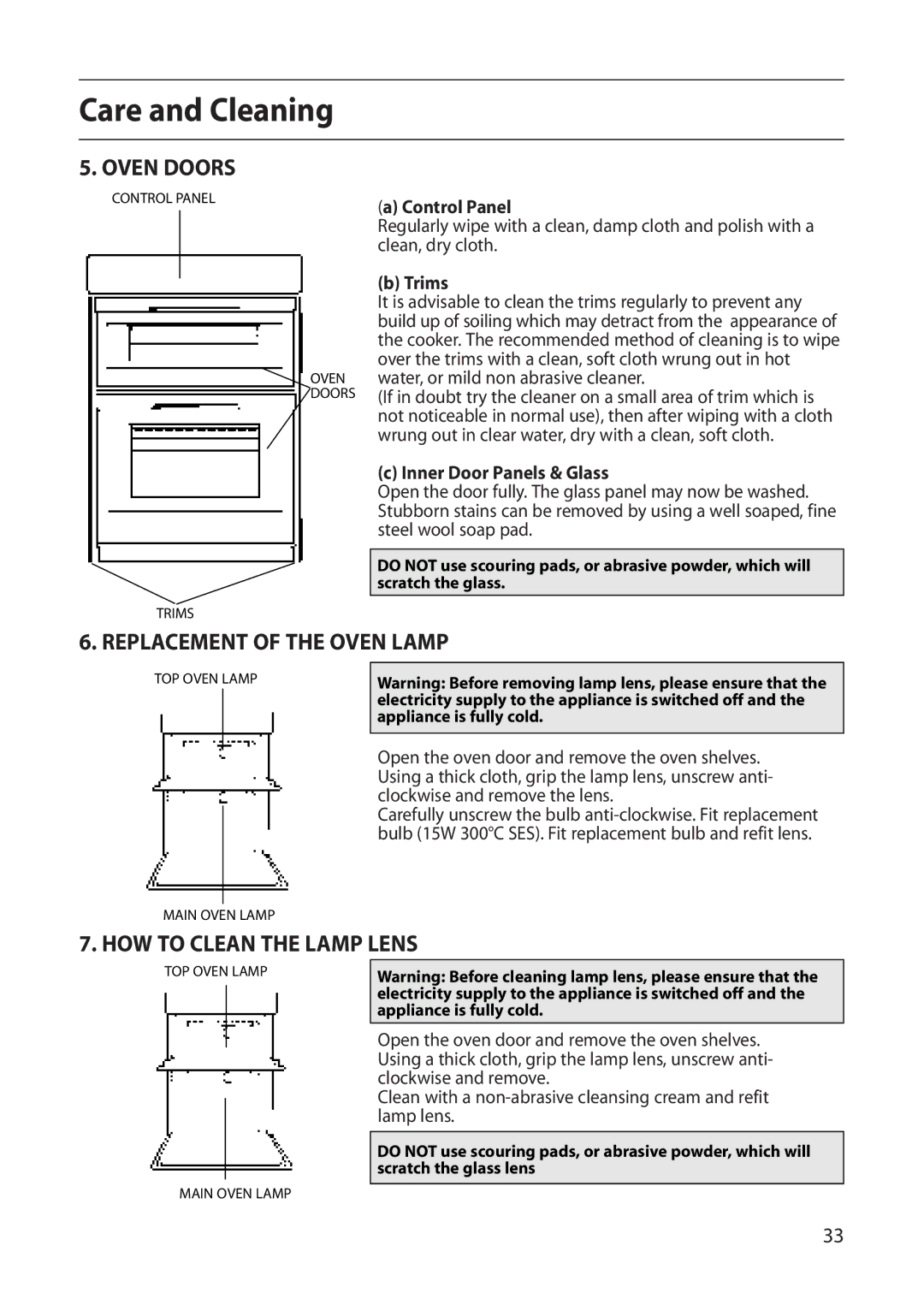 Creda E530E/R530E manual Oven Doors, Replacement of the Oven Lamp, HOW to Clean the Lamp Lens 