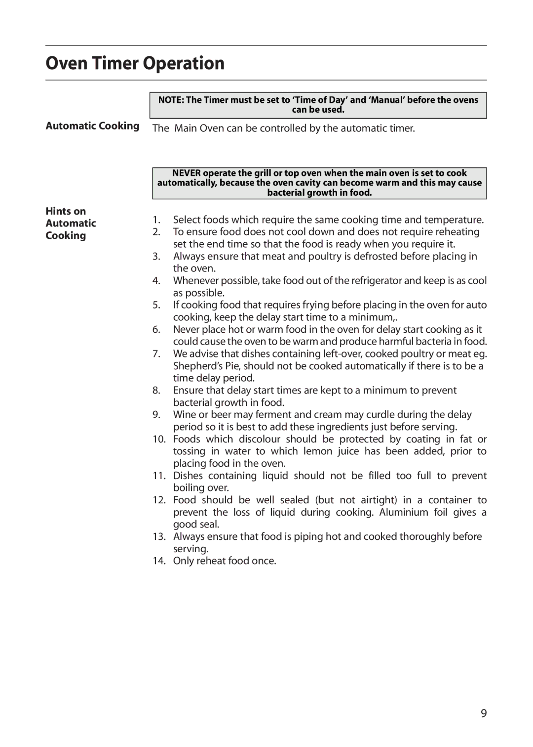 Creda E530E/R530E Oven Timer Operation, Automatic Cooking Hints on, Main Oven can be controlled by the automatic timer 