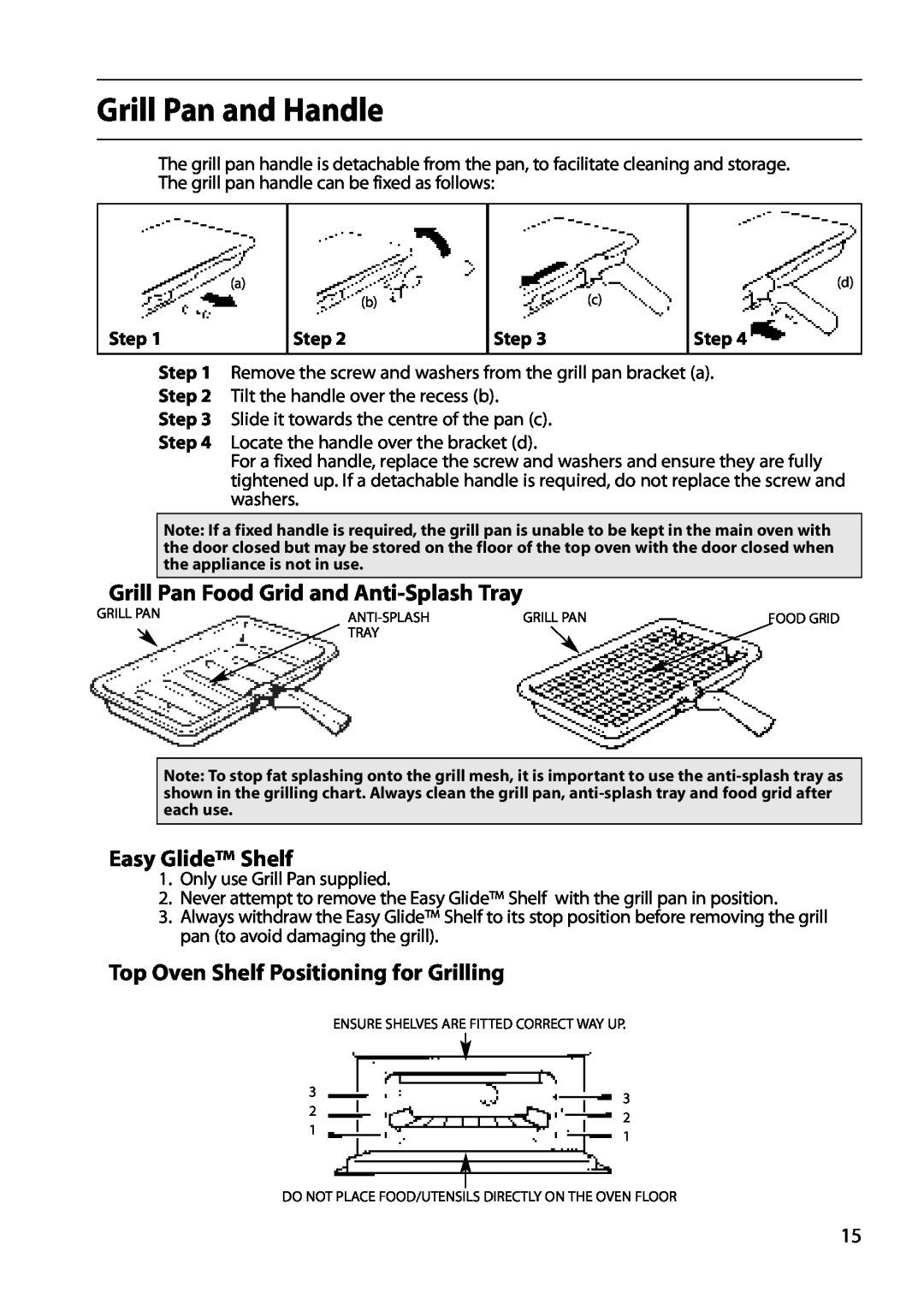 Creda E530E/R530E manual Grill Pan and Handle, Grill Pan Food Grid and Anti-Splash Tray, Easy Glide Shelf, Step 