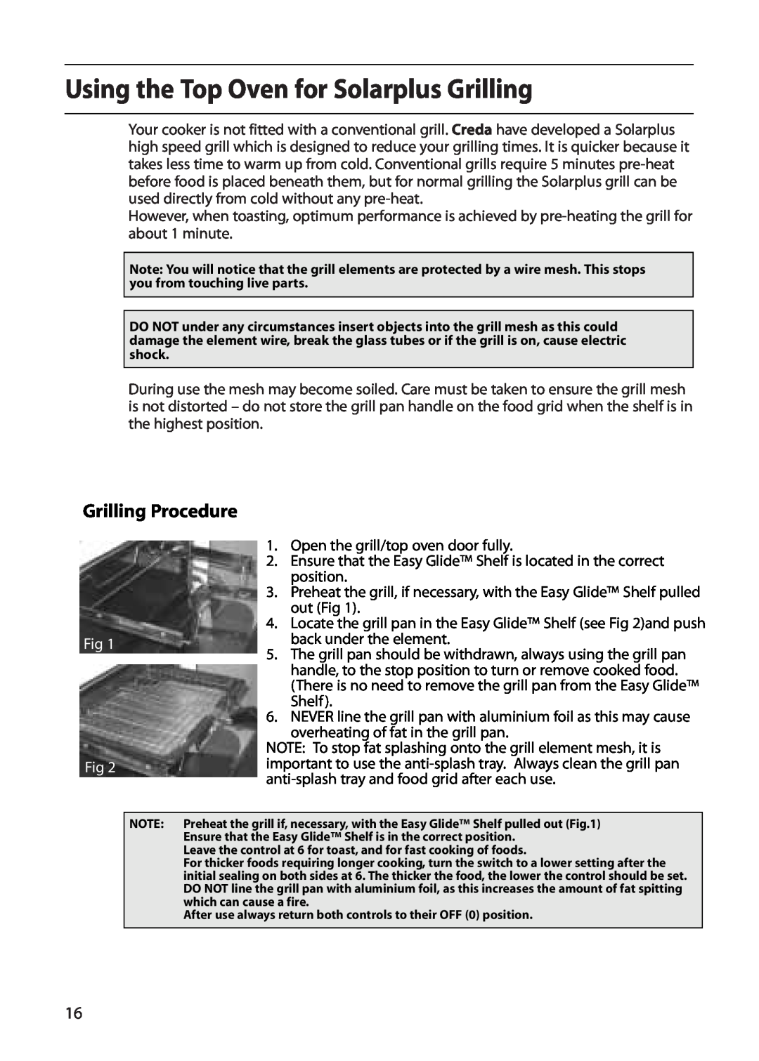 Creda E530E/R530E manual Using the Top Oven for Solarplus Grilling, Grilling Procedure 