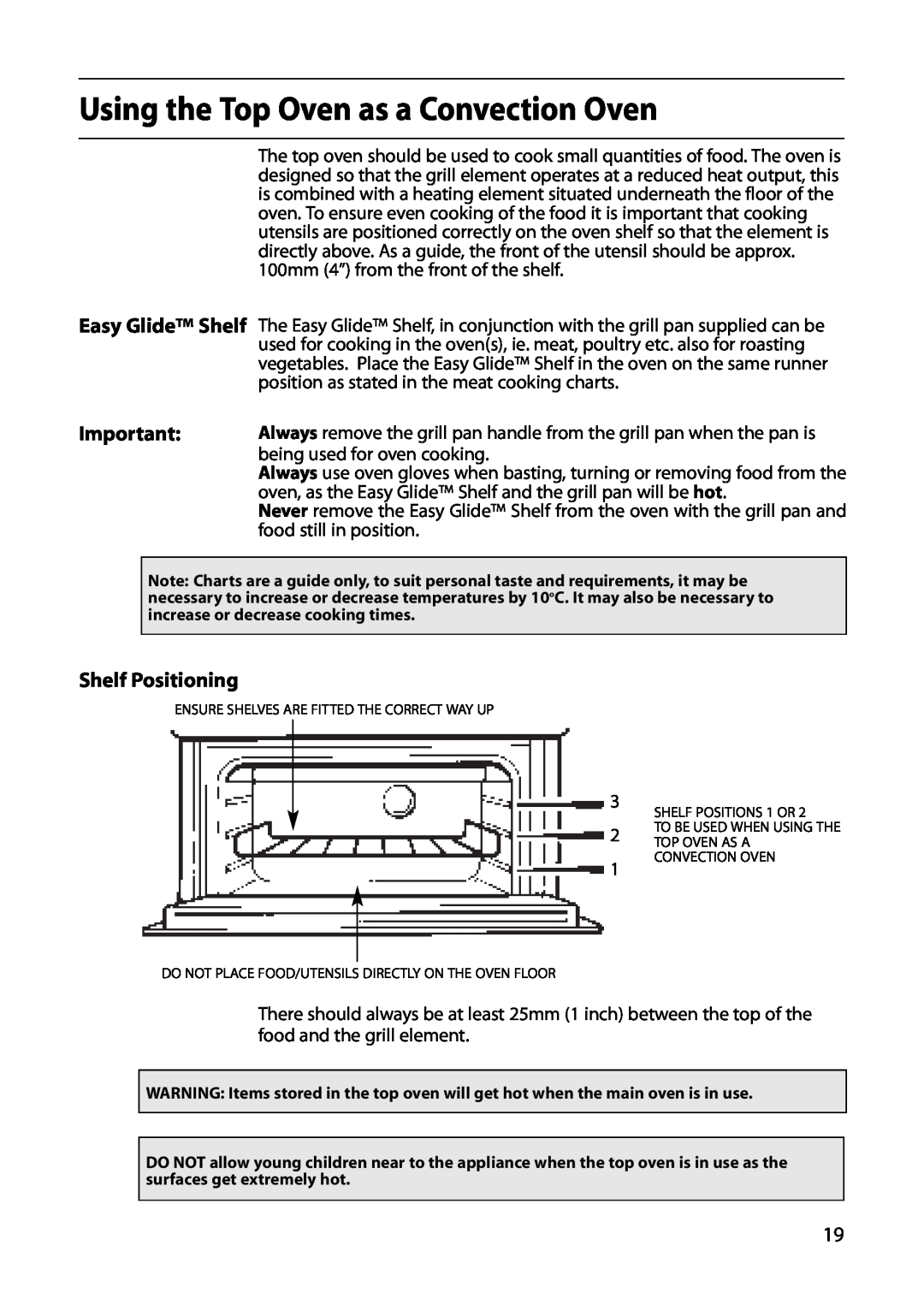 Creda E530E/R530E manual Using the Top Oven as a Convection Oven, Shelf Positioning 