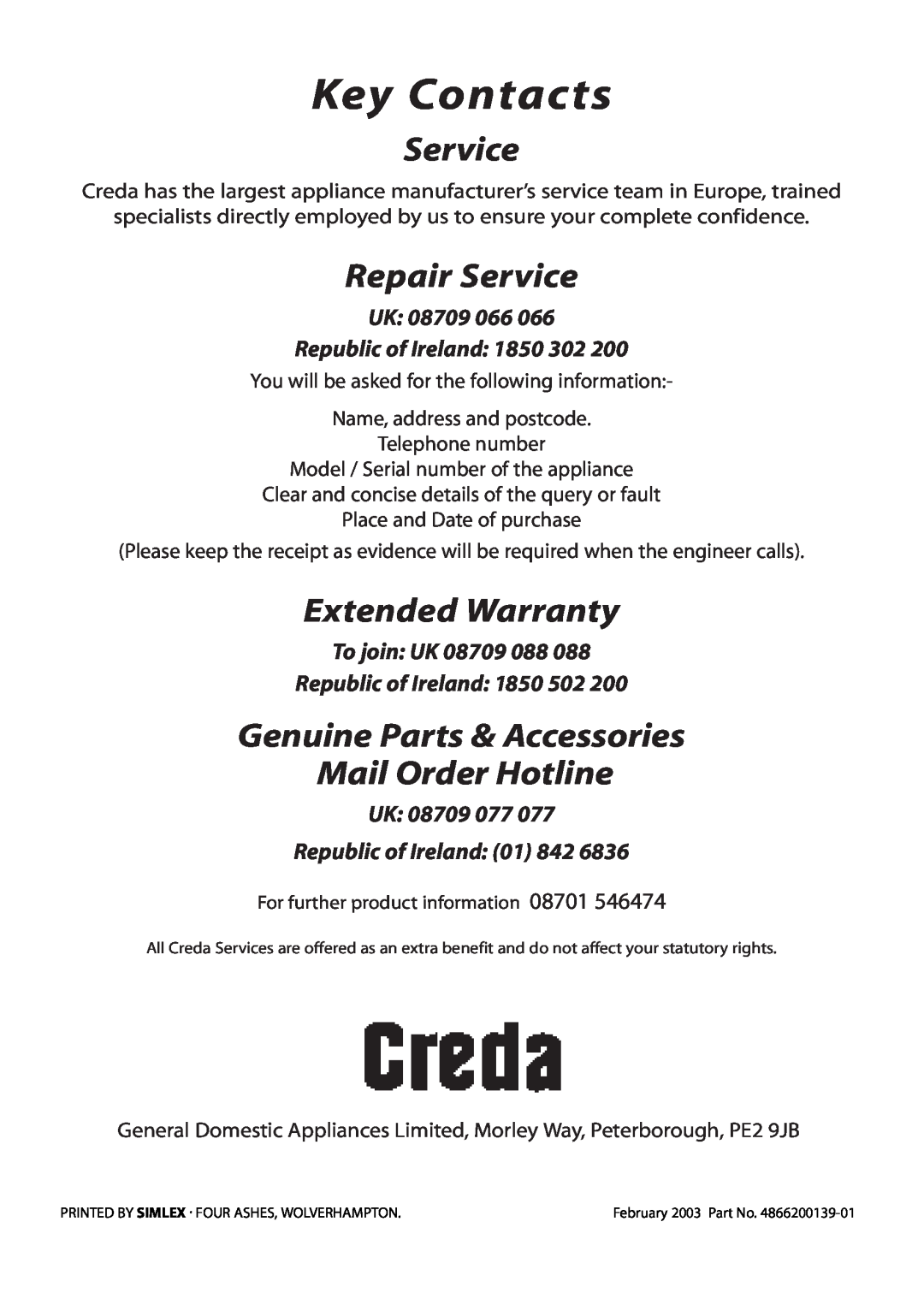 Creda E530E/R530E Key Contacts, Repair Service, Extended Warranty, Genuine Parts & Accessories Mail Order Hotline 