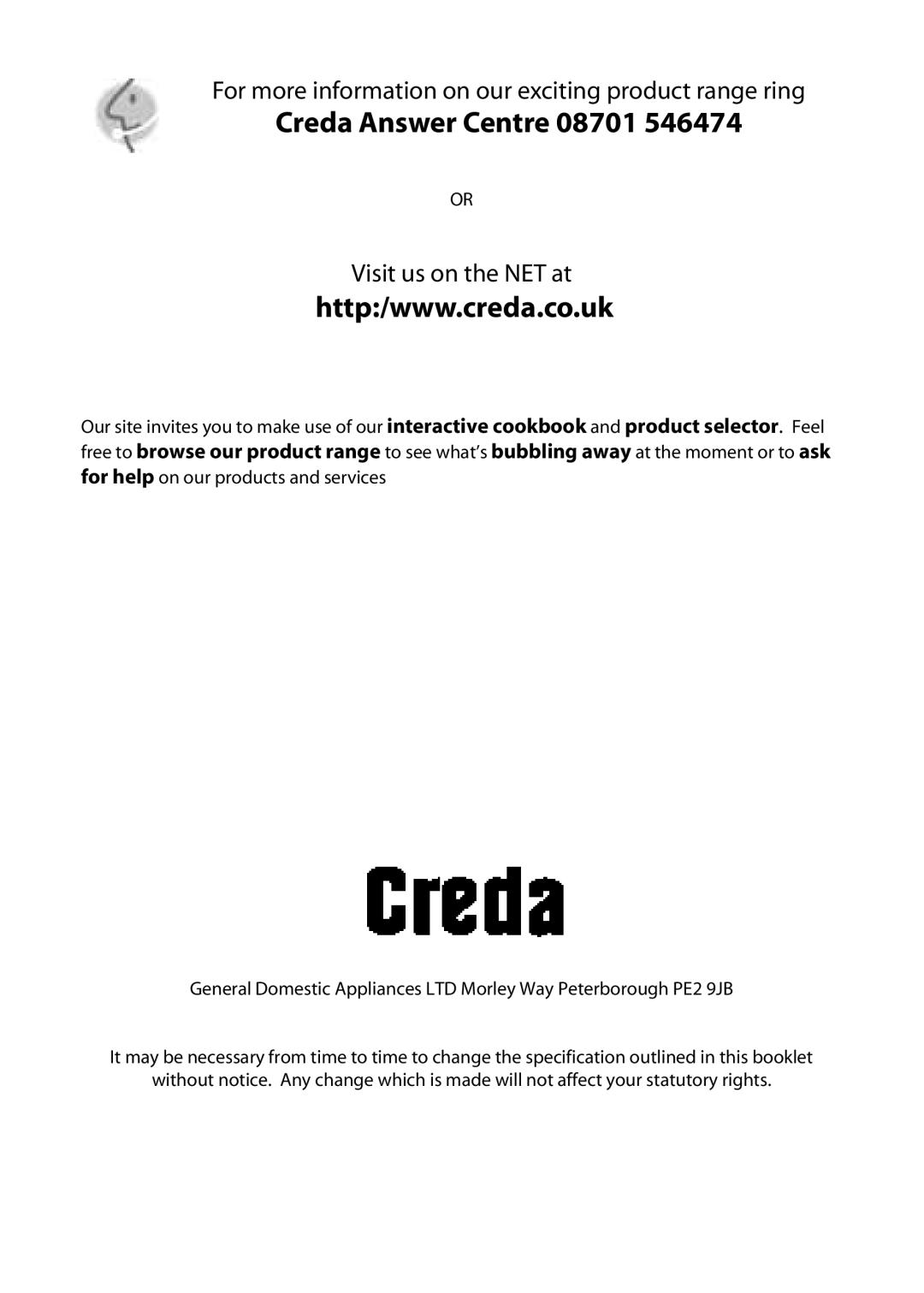 Creda GDW51 installation instructions Creda Answer Centre 08701 