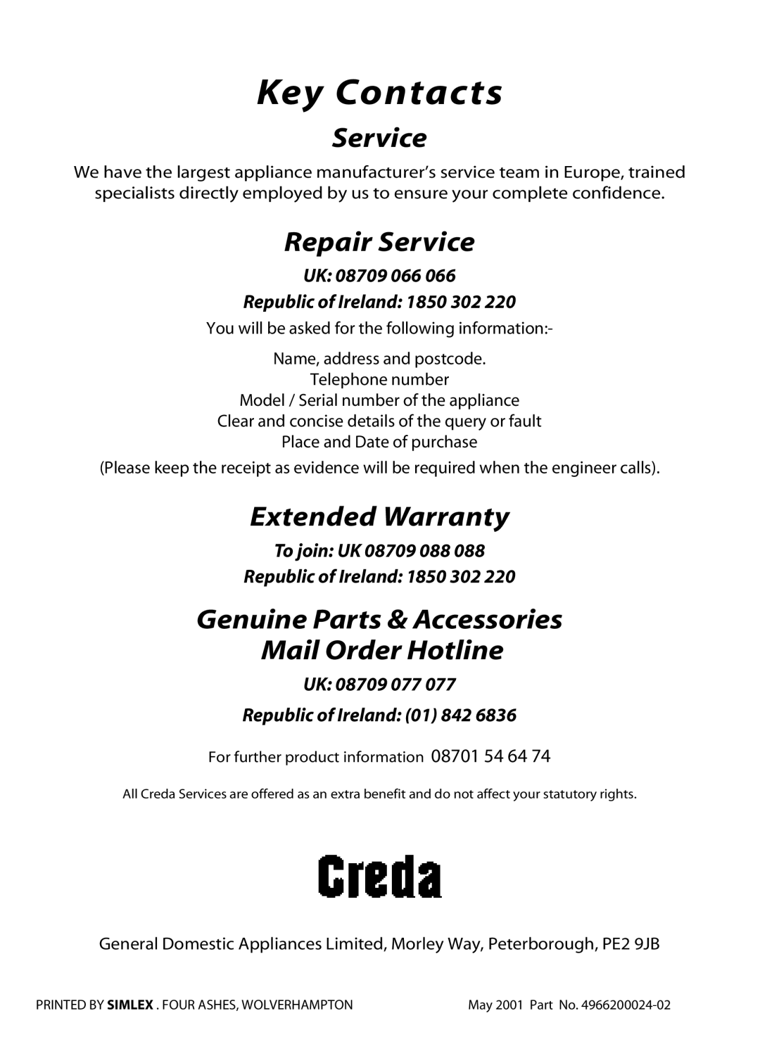 Creda GDW51 installation instructions Key Contacts 