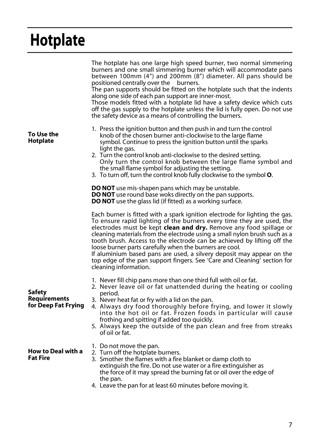 Creda GDW51 installation instructions To Use Hotplate, For Deep Fat Frying, How to Deal with a Fat Fire 