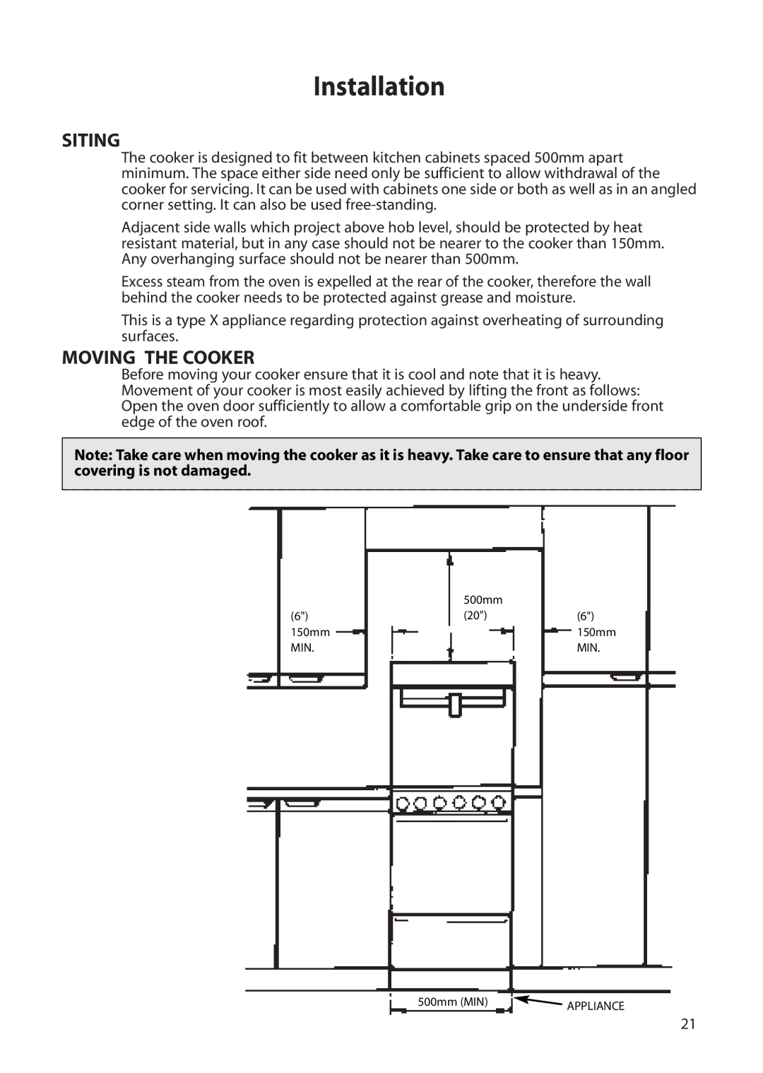 Creda H050E manual Siting, Moving the Cooker 